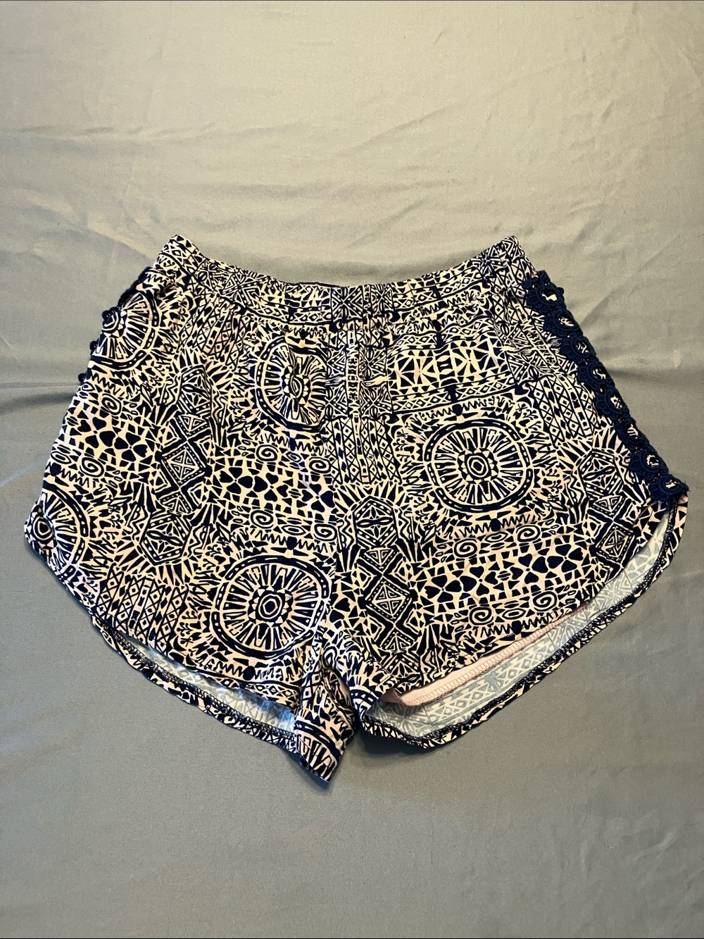 Alya Navy and White Geometric Athletic Shorts with Crochet Side Trim